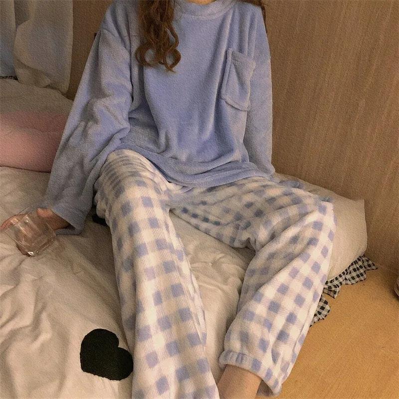 Women's Coral Fleece Pajamas Set Plus Fleece Korean Style Cute Plaid Loose Outer Wear Comfortable Homewear Solid Round Neck Pyjamas Set