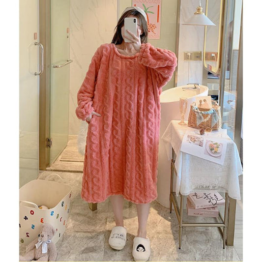 Women's Autumn Winter Thickened Coral Fleece Nightdress Large Size Loose Out Wear Warm Flannel Pajamas Solid Striped Crochet Maternity Pajamas