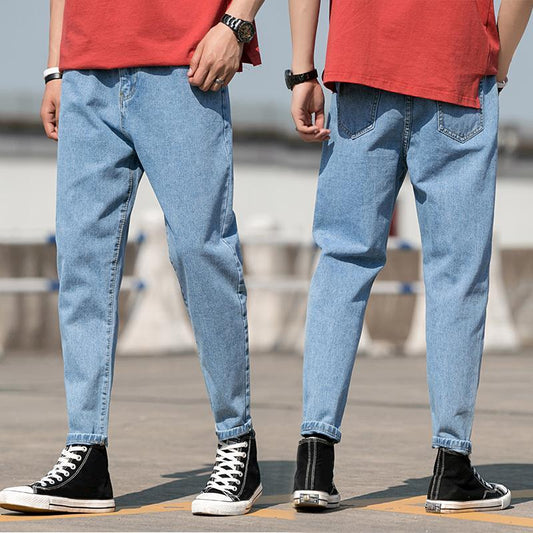 Straight Loose Jeans Men's Versatile Thin Trousers Male Students Summer Cropped Trousers