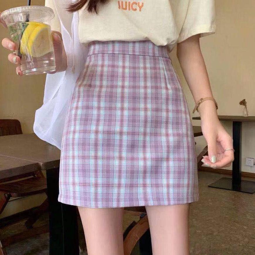 Female Simple High Waist Short Holiday Plaid Skirt Slim Elegant Vacation A-line Miniskirt