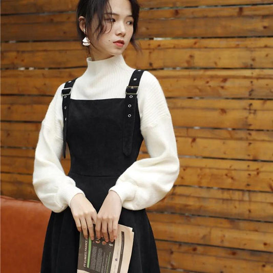 Single Piece/suit Autumn and Winter New Thin Dress Women's Knitted Sweater Loose Suspender Skirt Two-piece Temperament Lady Fan