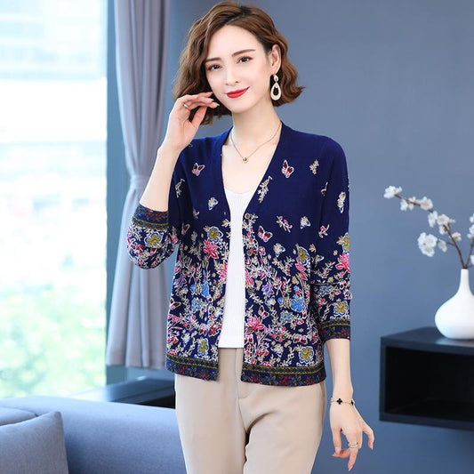 Autumn  Winter Printed Cardigan Women's Plus Size Casual Sweater Coat High-end Wool Sweater