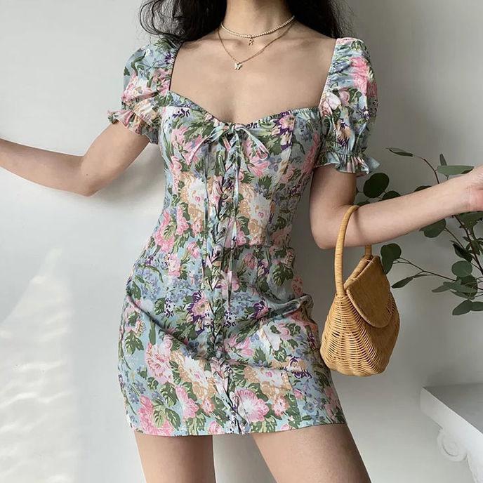 Female Summer Print Drawstring Square Neck Elegant Bubble Sleeve Short Vintage Holiday Dress