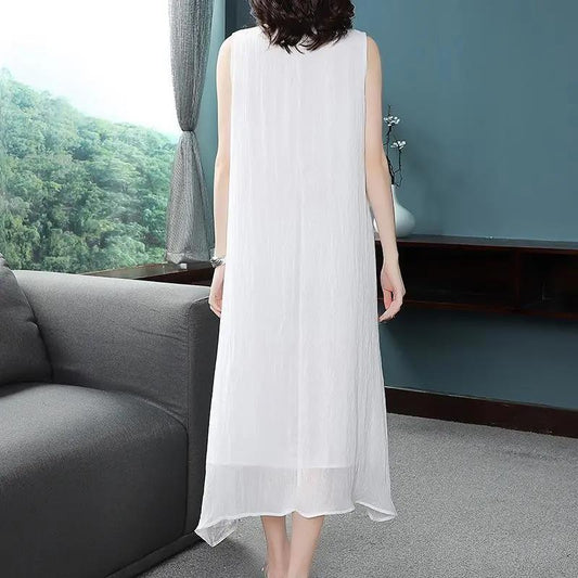 Temperament Embroidery Noble Cheongsam Sleeveless Vest Chiffon Dress 2021 Summer