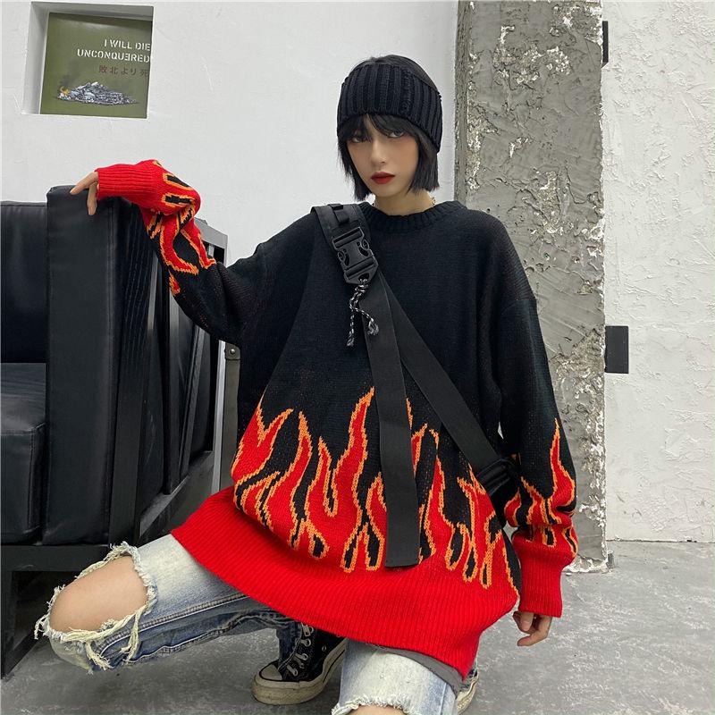 Korean Harajuku Style Flame Jacquard Sweater Women Loose Knit Pullover Sweater Outer Wear  Youth