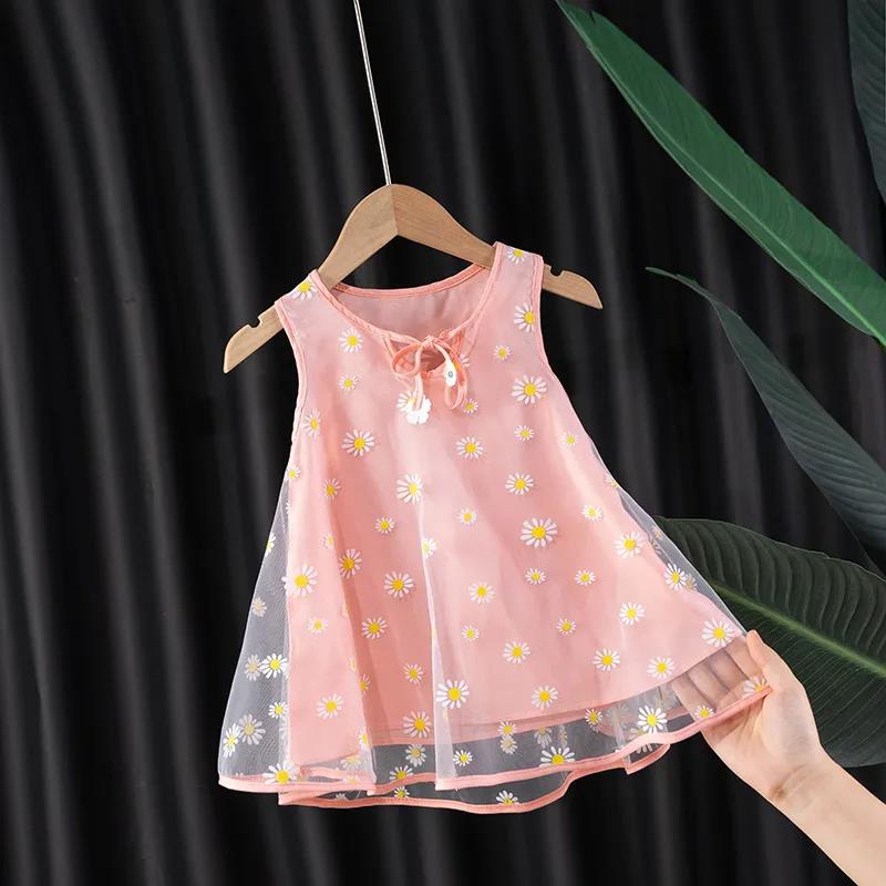 Girls Dress Summer New Children Baby Mesh Skirt Cute Princess Dress Round Neck Sleeveless A-line Skirt Girls Floral Dress