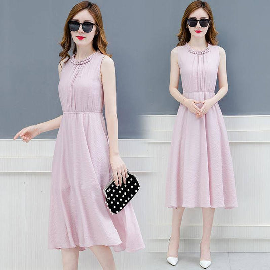 Womens Dress Summer Solid Color Pleated Chiffon Sleeveless Elasticated Belted Party Dress Womens