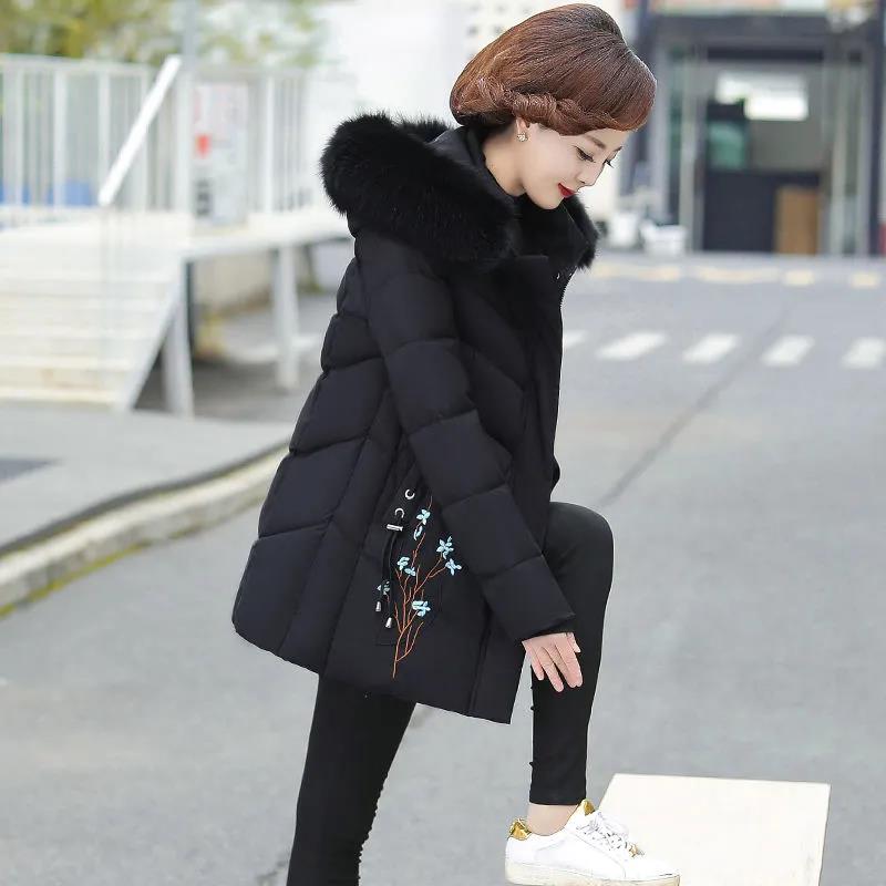 Winter Down Cotton Jacket Fashion Fur Collar Hooded Mid-length Jacket Thick Warm Cotton Jacket Suitable for Middle-aged Women