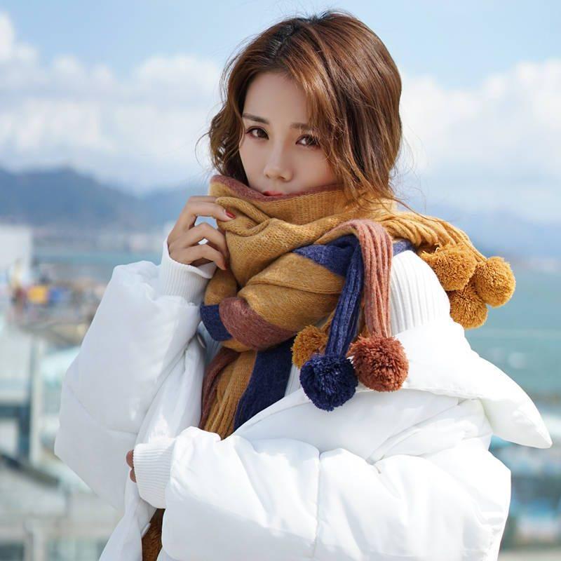 Winter Female Wool Plaid Scarf Women Cashmere Scarves Wide Lattices Long Shawl with Ball Tassel