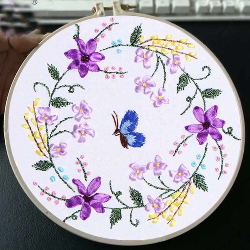 Floral Hand Cross Stitch Embroidery Cloth Starter Kits Needlepoint Color Threads Bamboo Hoop DIY