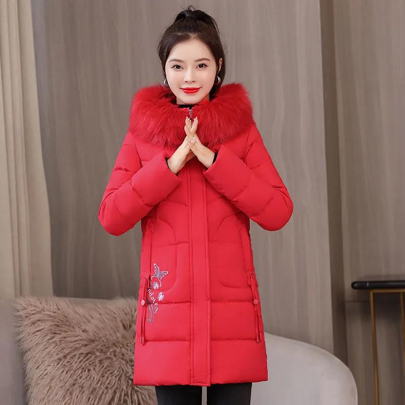 Down Jacket Winter Ladies Fashion Korean Big Fur Collar Thick Warm Hooded Mid-length Plus Size Cotton Jacket