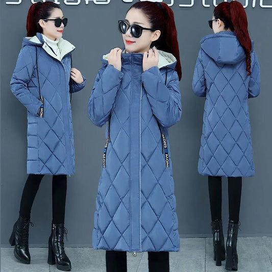 Down Jacket Winter Slim Slimming Diamond Lattice Cotton Jacket Thickened Warm Mid-length Ladies Hooded Down Jacket