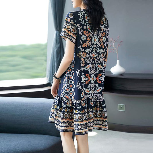 Imitation Silk Short-sleeved Dress Female Summer Retro Was Thin and Small Loose Belly-covering Dress