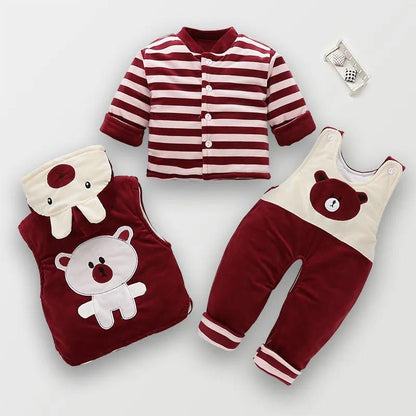 Newborn Autumn and Winter Quilted Three-piece Cotton Padded Jacket Thickened Infant Baby Clothes Hooded Vest and Suspenders Three-piece Cotton Coat