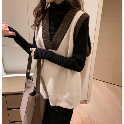 Retro Color Matching V-neck Pullover Sweater Vest Women Loose Sleeveless Vest Top Women Loose Loose Casual Thin Sweater