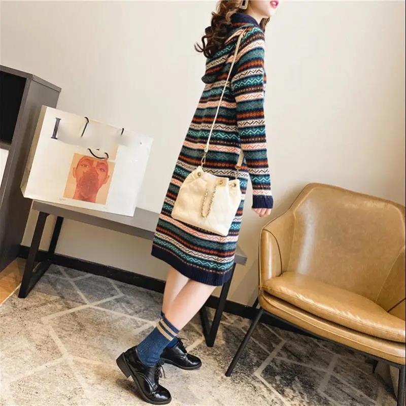 Retro Ethnic Style Striped Mid-length Over-the-knee Sweater Dress Women Loose Long-sleeved Hooded Pullover Knit Jacket