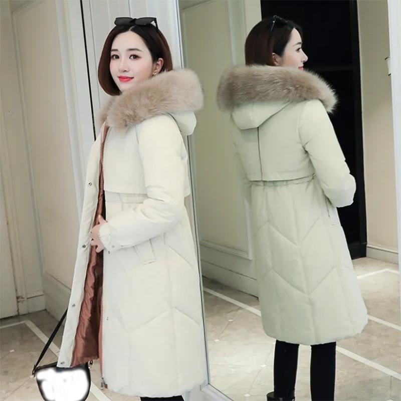 Women's Solid Color Down Jacket Mid-length Korean Loose Thick Coat Warm Cotton Coat Big Fur Collar Winter Clothes Quilted Coat