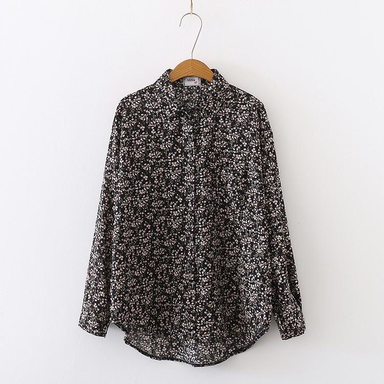 Spring Women Vintage Loose Letter Floral Shirt Long Sleeve Button Up Chiffon Blouse Turn-Down Collar Autumn Casual Tops