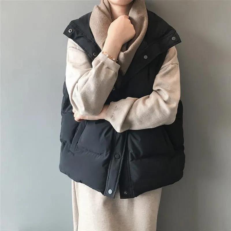 Winter Women Cotton Down Vest Warm Sleeveless Loose Waistcoat Casual Stand Collar Short Vest Female Padded Jacket Outerwear