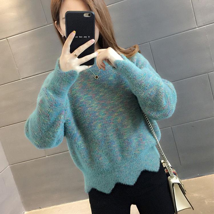 Autumn Winter Korean Knitwear Women Knit Pullover Sweater Tops High-neck Thick Mohair Colorful Rainbow Sweater Outwear