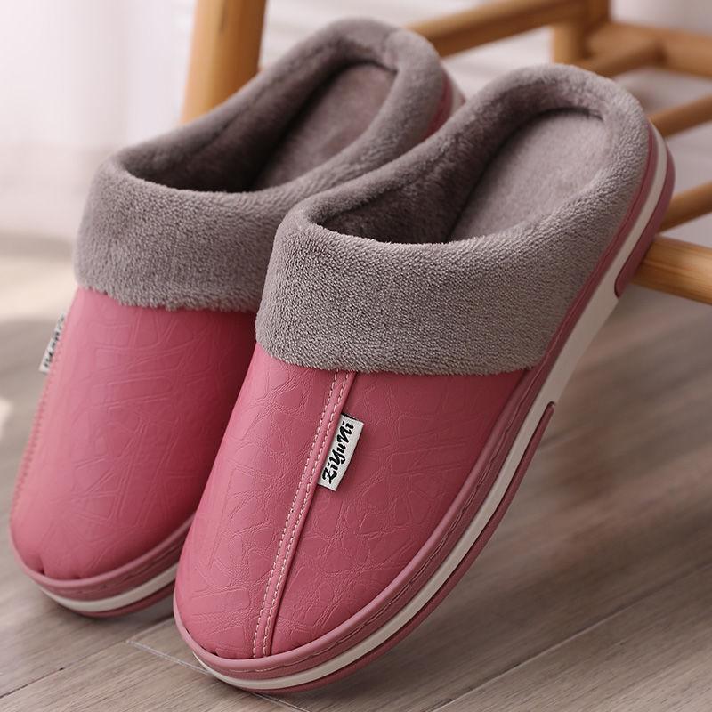 Autumn Winter Women's Home Indoor Waterproof Non-slip Thick-soled Warm Couple Thickened Pu Cotton Slippers