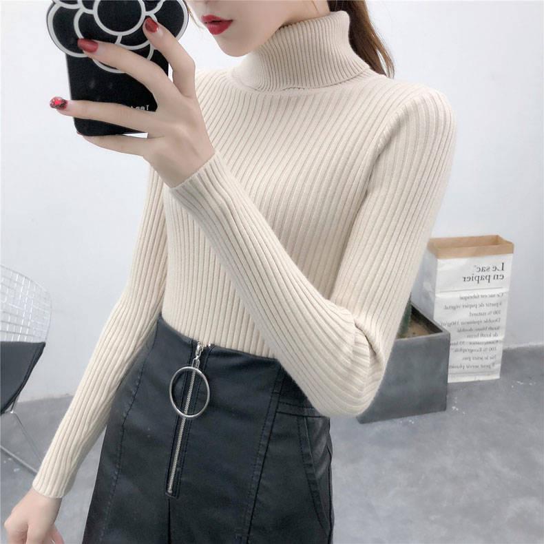 Warm Jacket High Collar Sweater Slim Thick Autumn and Winter Solid Color Sweater Female Students