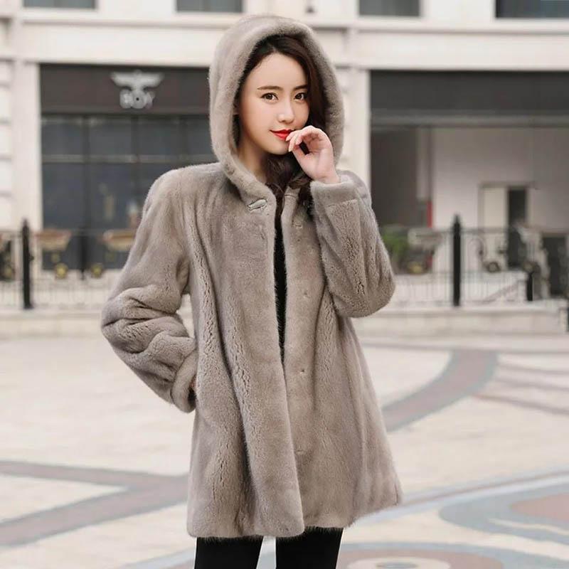 WTEMPO Winter Mink Fur Coat Female Imitation Mink Fur Coat Whole Mink Mid-length with Hood