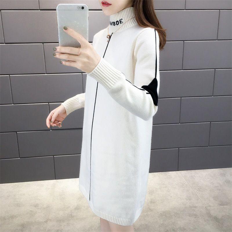 Autumn and Winter Half-high Neck Mid-length Sweater Dress Loose Casual Dress Fashion Knitted Women's Base Dress