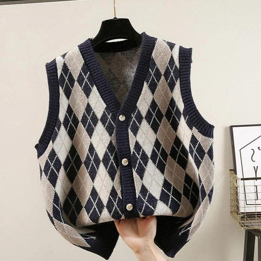 Spring and Autumn College Style Retro V-neck Plaid Knitted Vest Women's Loose Outer Wear Sleeveless Women's Sweater Vest