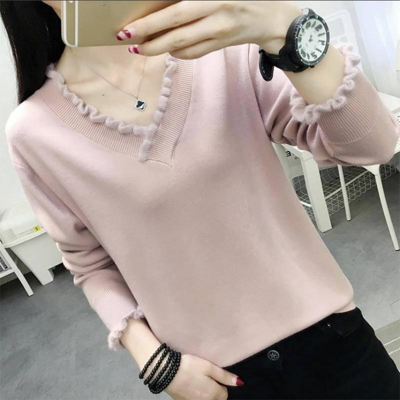 Solid Color Wild V-neck Sweater Knitted Bottoming Long-sleeved Loose Pullover Sweater