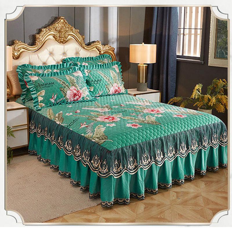 3pcs/set High-grade Crystal Velvet Bed Skirt Pillowcases Three-piece Anti-skid Warm Bedspread Thickened Winter Bedding