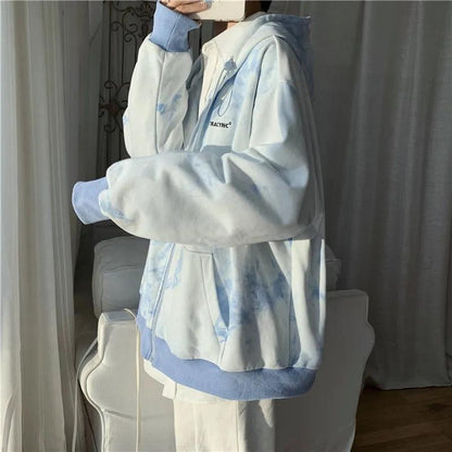 Oversize Tie-dye Coat Women's Long-sleeved Zipper Cardigan Casual Sweater Spring and Autumn Loose Jacket Unisex Hooded Sweatershirt