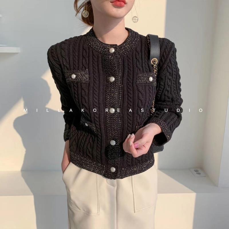 Autumn and Winter Short Knitted Sweater Pure Color Pearl Button Cardigan Top Fashion Simple Female Jacket