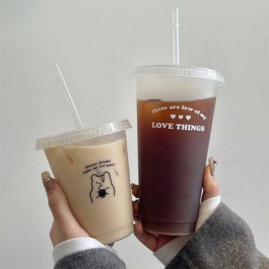 Cute Water Bottle for Coffee Juice Milk Tea Kawaii Plastic Cold Cups with Lid Straw Portable Reusable Drinking Bottle BPA Free