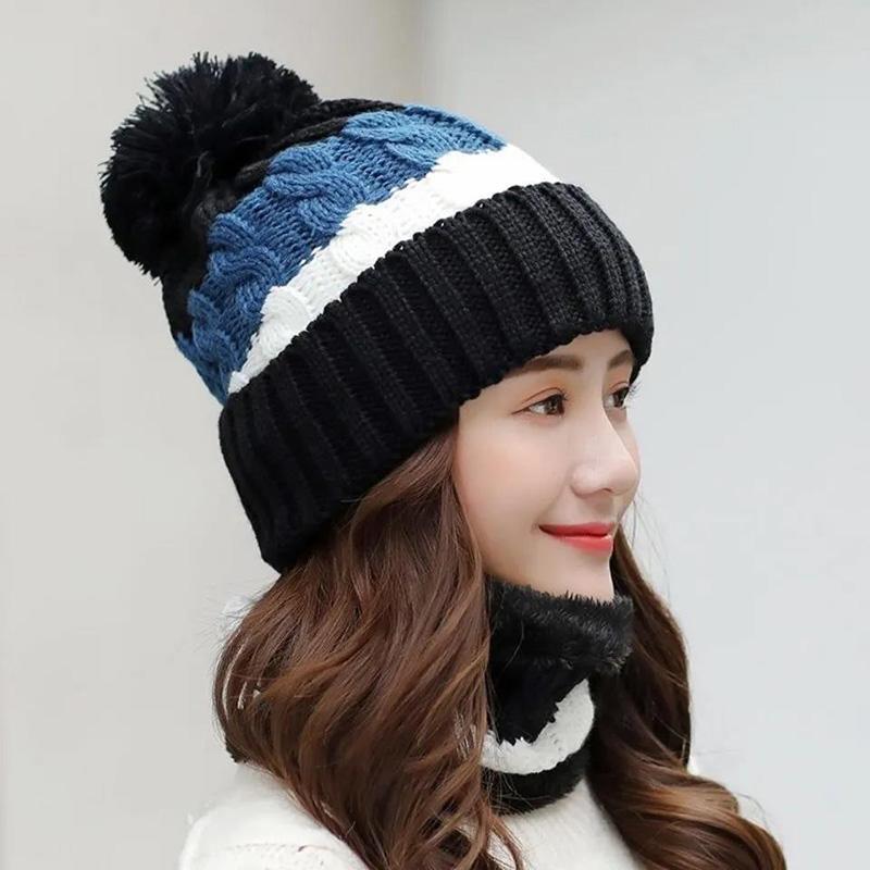 Women's Winter Knitted Hat Korean Style Woolen Cap Plus Velvet Fur Ball Warm Hat Cotton Cap Cycling Cold Proof Cap with Scarf Neck Protection