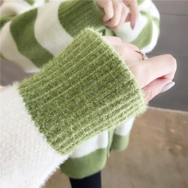 Autumn and Winter Mohair Jacket Loose-fitting Outer Wear Cardigan Jacket Striped Pattern Simple Female Jacket