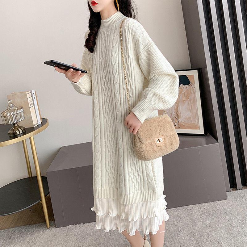 Plus Size Women's Sweater Skirt, Women's Autumn and Winter Long Section Over The Knee Loose, Outer Wear and Inner Base Shirt