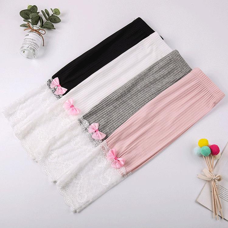 Girls' Leggings Children's Spring and Autumn Thin Lace Hollow Bow Korean Solid Color Capris Elastic Pants