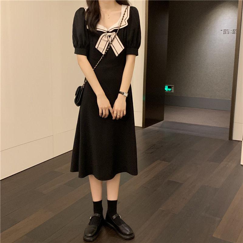 Female Simple Thin Bow Tie Tie High Waist Platycodon Grandiflorum Elegant Bubble Sleeve Dress