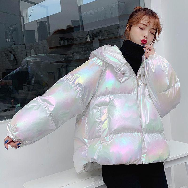 Women's Cotton-padded Coat Loose Colorful Bright Face Large Fur Collar Mid-length Padded Coat Padded Jacket