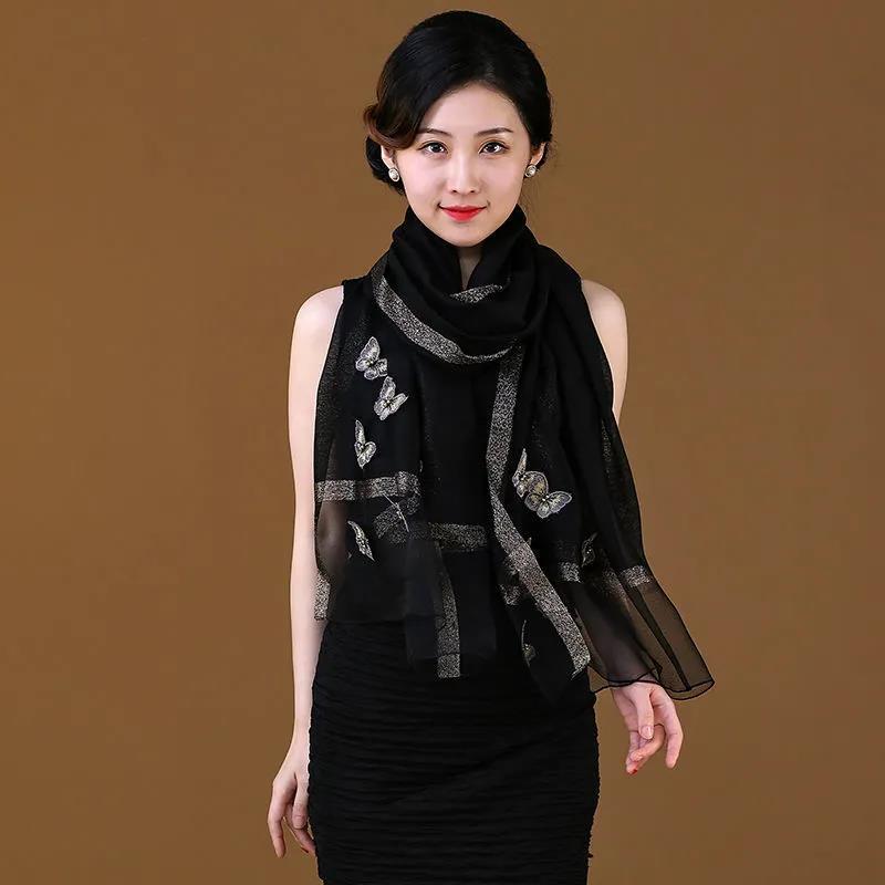 Women's Silk Scarf Mulberry Silk Scarves Autumn Winter Warm Butterfly Embroidery Shawl Long Mother Scarf Female Neck Collar Wrap Shawl Neckerchief