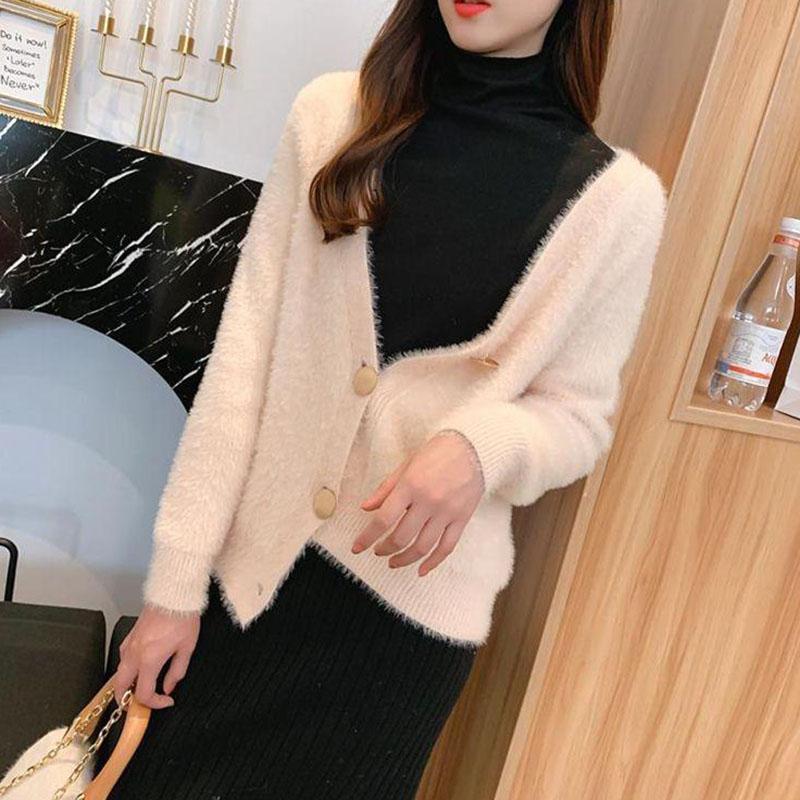 Autumn and Winter Casual Mohair Top Loose V-neck Knitted Sweater Cardigan Button Female Jacket