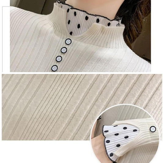 Half-high Collar Padded Bottoming Shirt Autumn and Winter All-match Lace Stitching Top Long-sleeved Knitted Sweater for Ladies