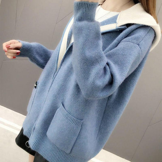 Autumn and Winter Cardigan Hooded Coat Loose Contrast Color Knitted Sweater Zipper Casual Women's Top