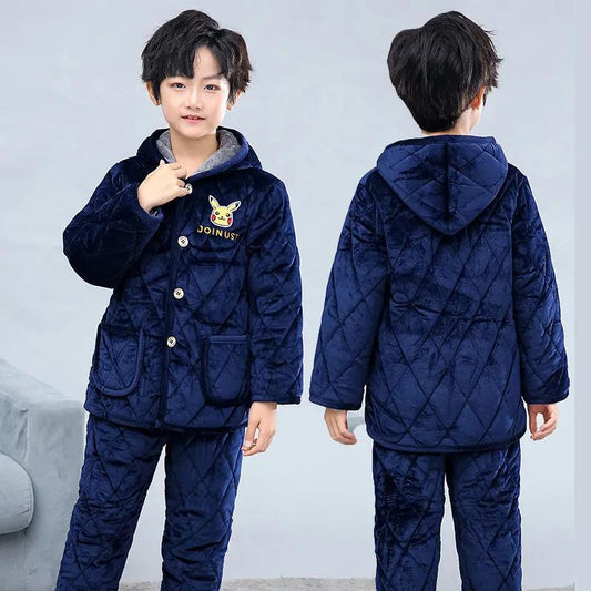 Winter Children's Pajamas Three-layer Quilted Boy Thickening Plus Velvet Cotton Jacket Coral Fleece Baby Flannel Home Service Suit