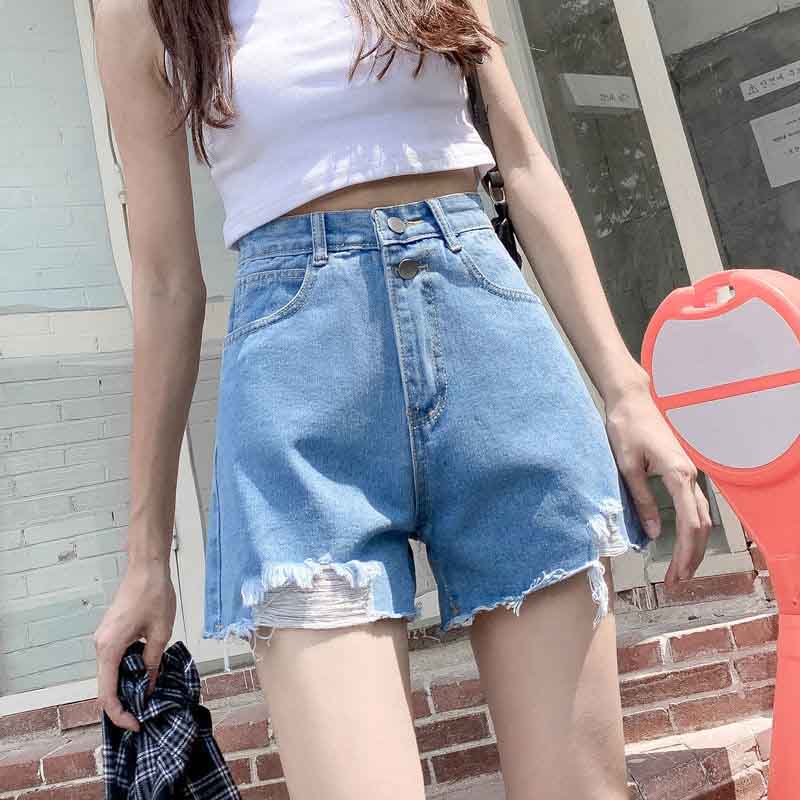 Denim Shorts Women's High Waist Summer Korean Style Loose and Thin A-line Ripped Pants