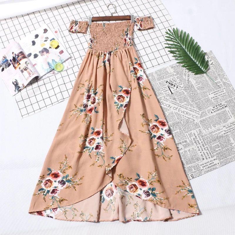 Bohemian Unique Design Woman Summer Retro Floral Dress Elastic Waist Puff Sleeve Pleated Sexy Off-shoulder Party Dress