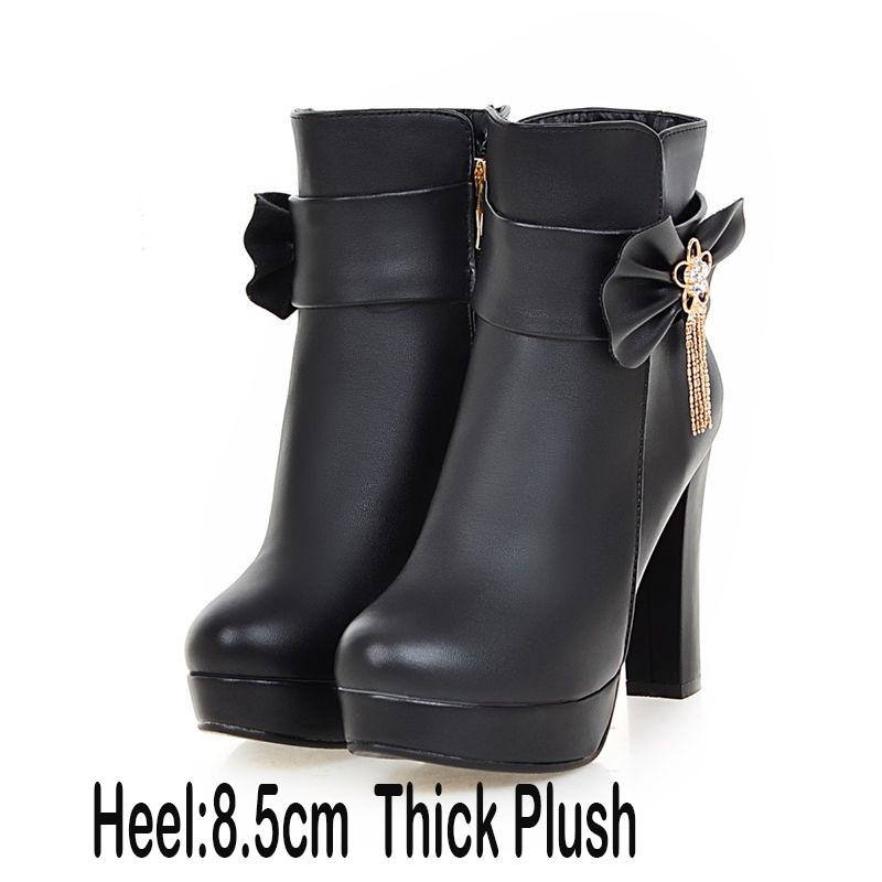 Sweet Ladies Booties Rhinestone Bow Side Zipper High Heel Ankle Boots Female Winter Plush Boots