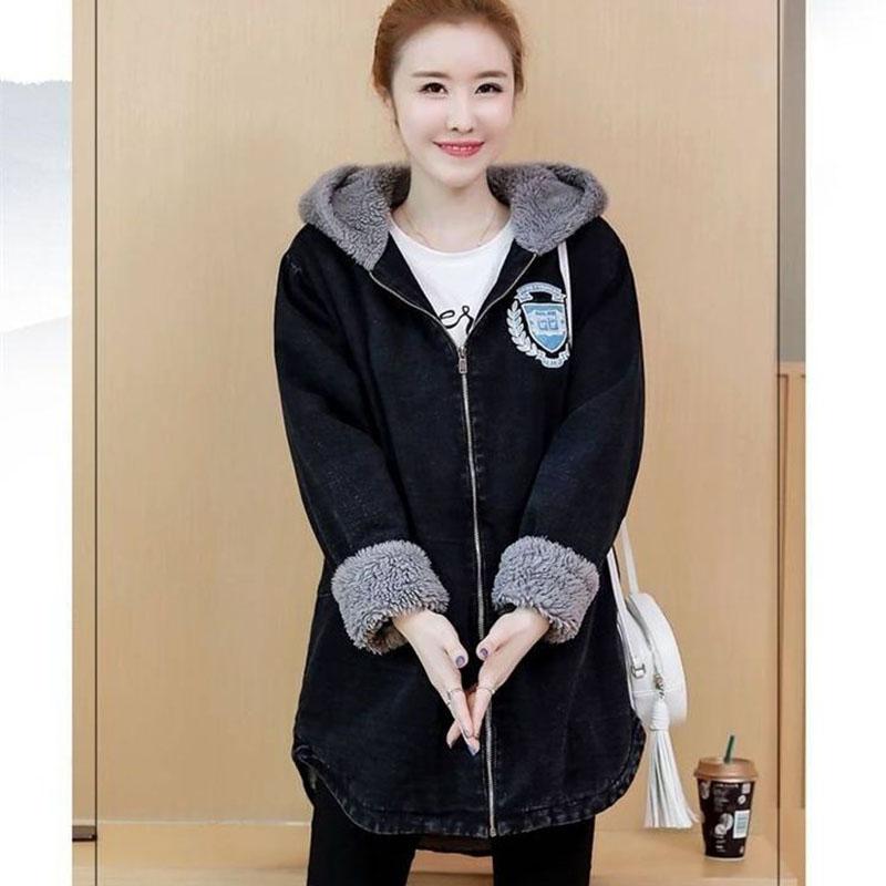 Women Flocking Denim Jacket Winter Ladies Mid-length Denim Parka Loose Plus Fleece Thick Hooded Coat