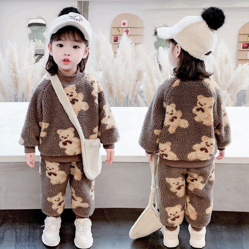 Children's Autumn and Winter Warm Suit Girl and Boy Korean Version Girl Baby Plush Two-piece Sets